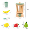 Wooden pretend play tea party set featuring a green cup, yellow banana, white knife, yellow lemon, red strawberry, and green 
