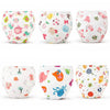 A pack of four reusable cotton potty training pants featuring various colorful animal and nature patterns for toddlers.