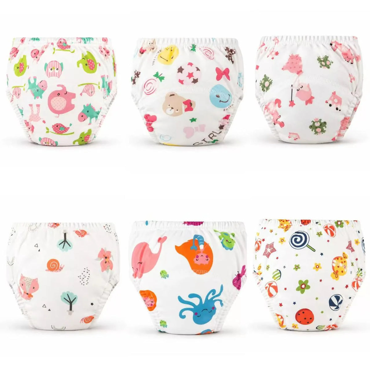 A pack of four reusable cotton potty training pants featuring various colorful animal and nature patterns for toddlers.