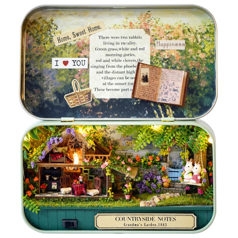 A vintage tin box featuring a scene of a countryside garden and notes about rabbits and happiness.