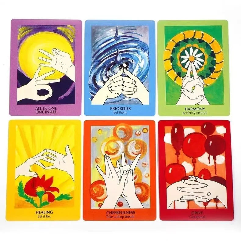 A set of nine square tarot oracle cards featuring various themes like healing, priorities, and harmony.