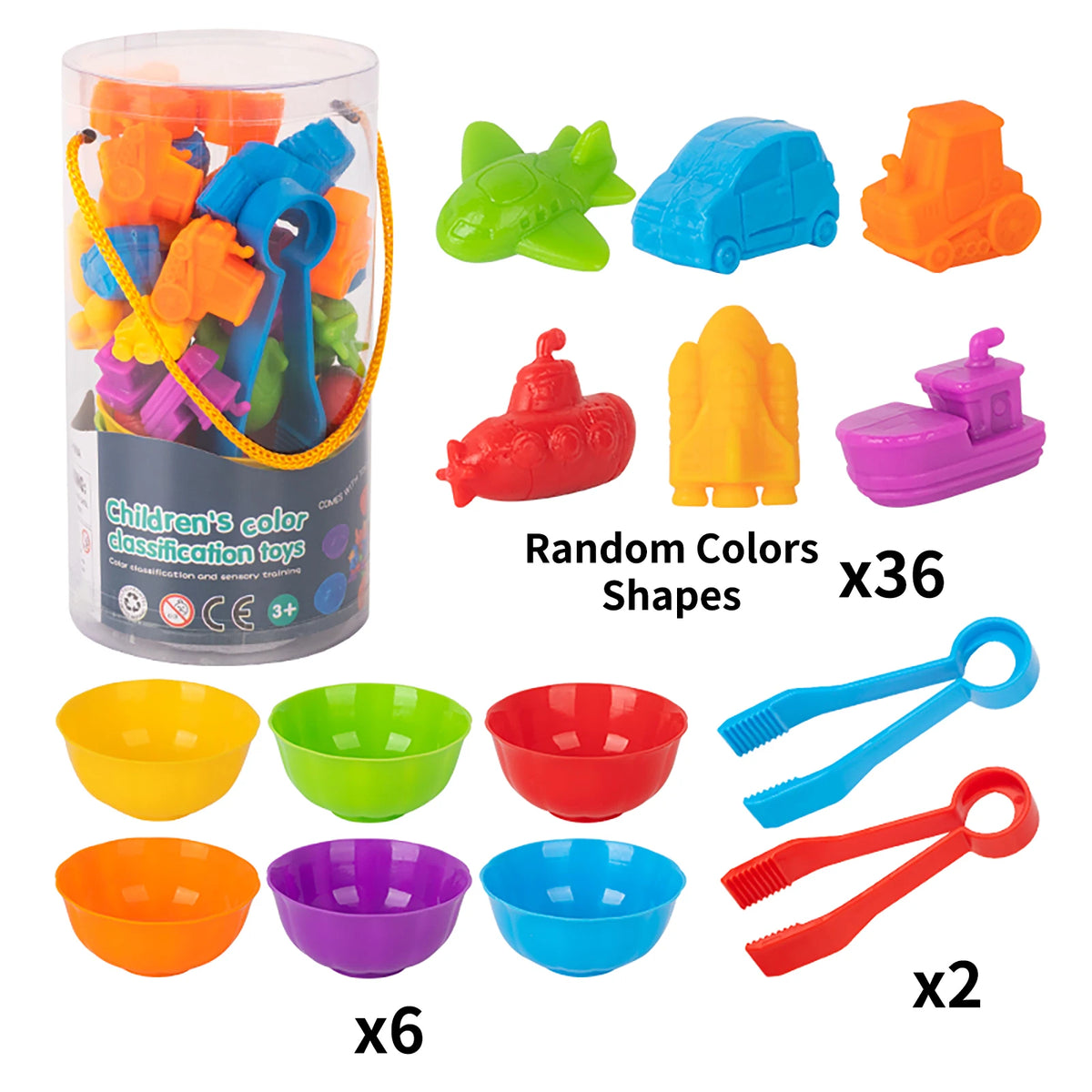 A set of colorful plastic toys including sorting bowls, shapes, and tongs for children's color and sensory learning.