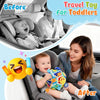 Before and after comparison of a Montessori busy board cube sensory toy for toddlers in a car seat.