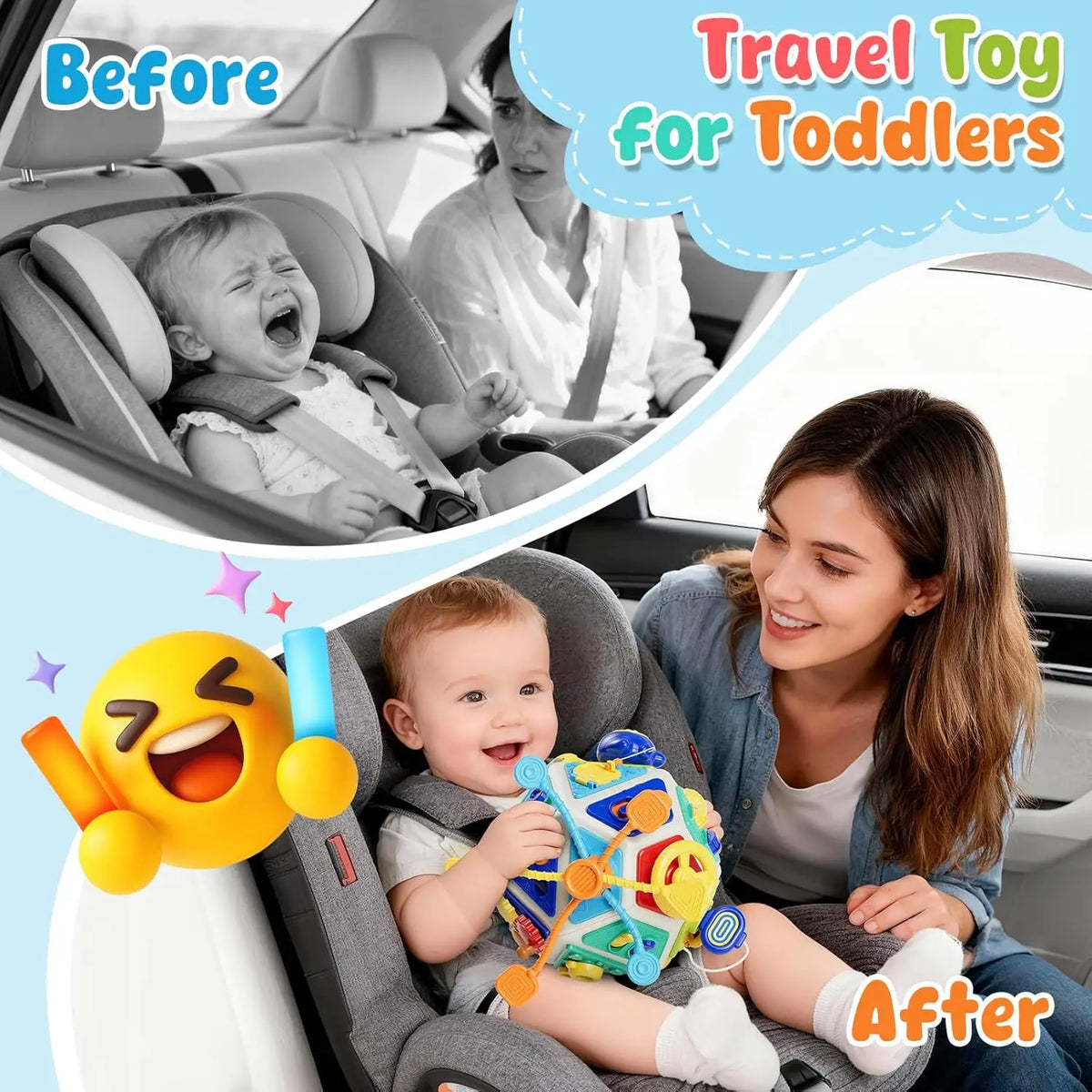 Before and after comparison of a Montessori busy board cube sensory toy for toddlers in a car seat.