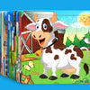 A jigsaw puzzle featuring a cartoon cow in a field with trees and a setting sun.