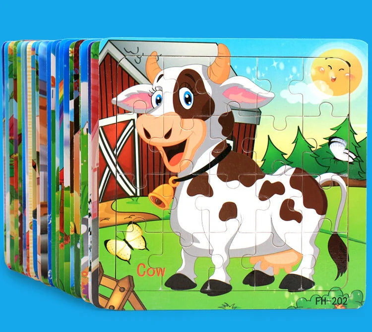 A jigsaw puzzle featuring a cartoon cow in a field with trees and a setting sun.