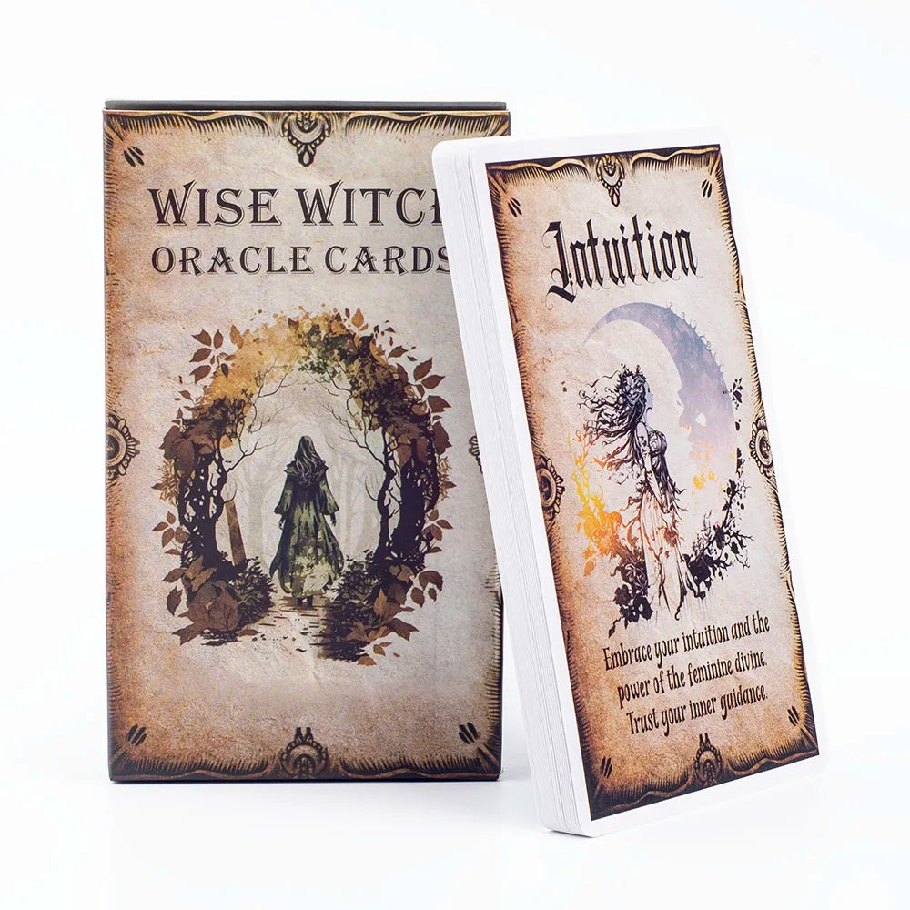 A deck of Wise Witch Oracle Cards featuring an illustration titled Intuition on a rustic background.