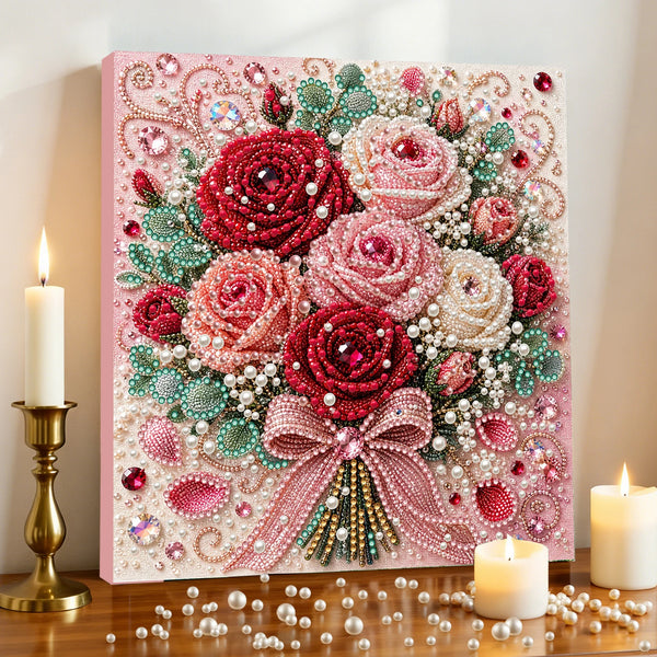 Kit de pintura floral rosa con rosas y follaje, acentos perlados sobre superficie de madera.