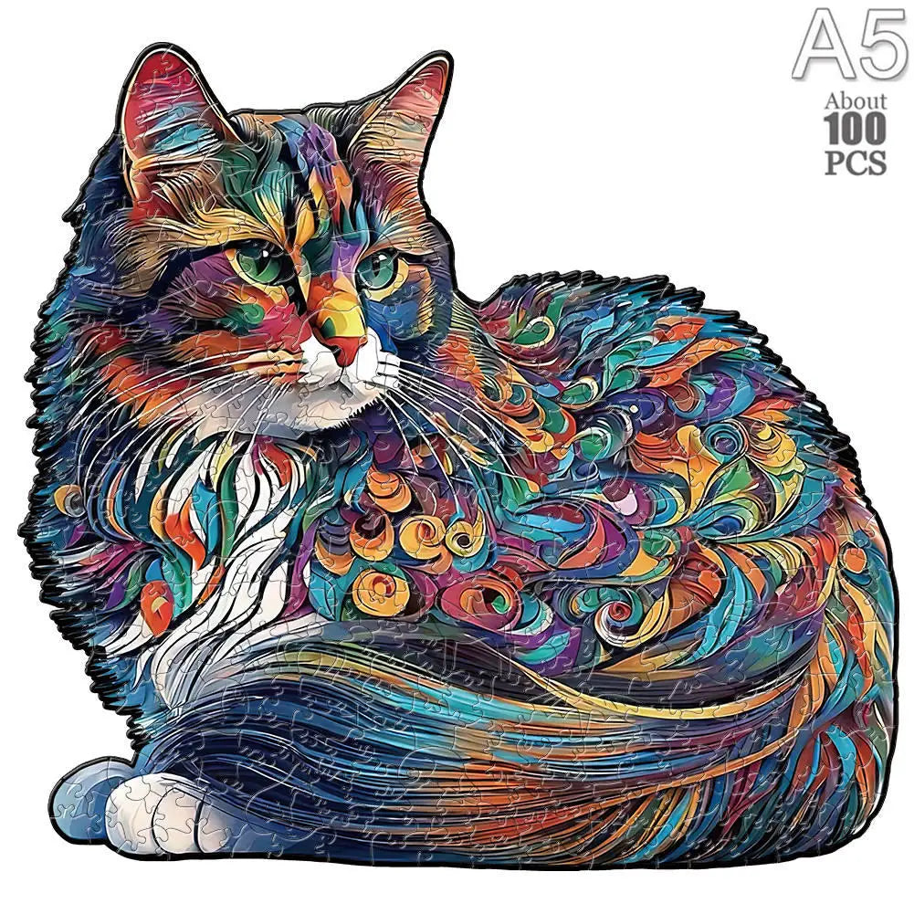 A vibrant, detailed painting of a fluffy orange and black cat with multicolored fur and expressive eyes.