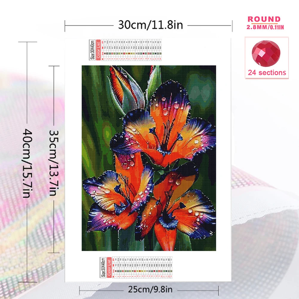 A diamond painting kit featuring a vibrant orange and purple lily flower on a square card.