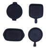 Set of four miniature black copper soup pots for a dollhouse kitchen
