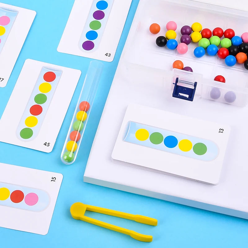 A collection of colorful wooden clip beads and corresponding cards for a Montessori fine motor skills game.