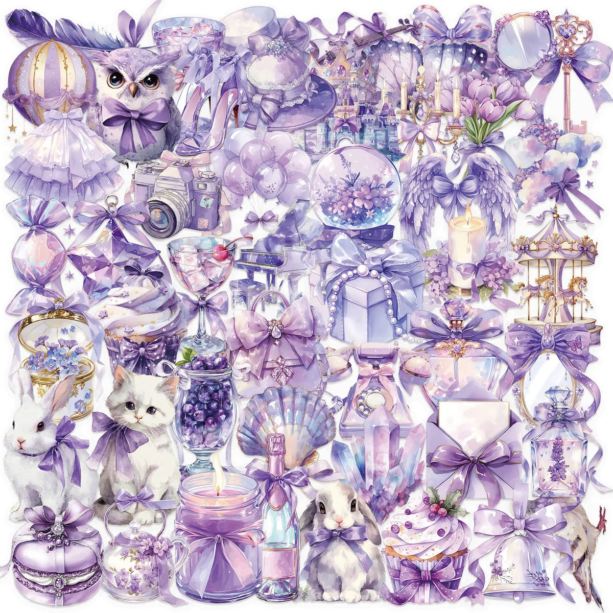 A collection of purple and lavender themed stickers, charms, and decorative items for pets and crafts.
