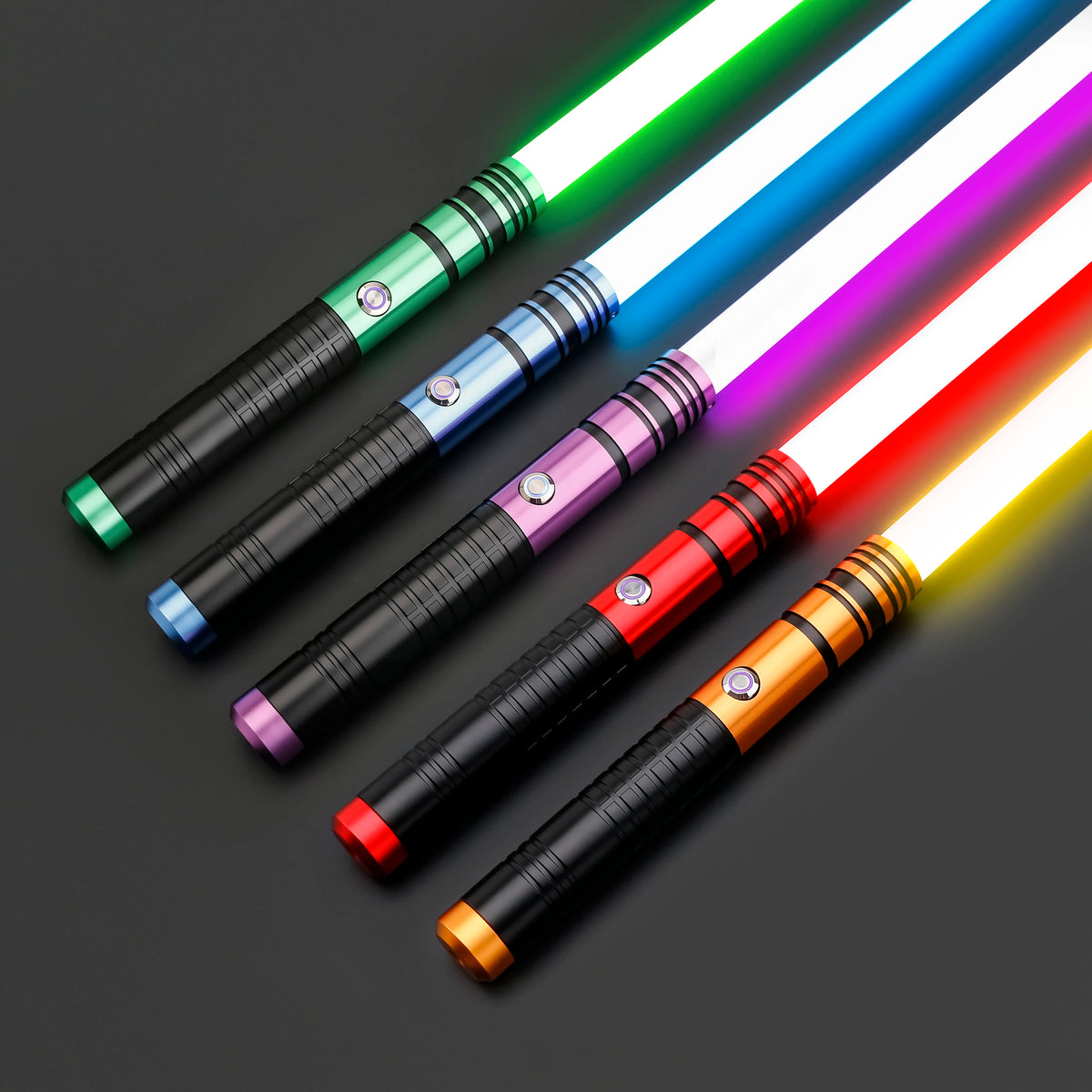 A set of three RGB lightsaber toys with metal handles and rechargeable batteries, showing various colored lights.