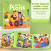 A box and unfolded puzzle pieces of a tri-fold magnetic puzzle set featuring a construction vehicle.