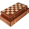 A handcrafted wooden folding chess set with solid walnut pieces and a checkered board.