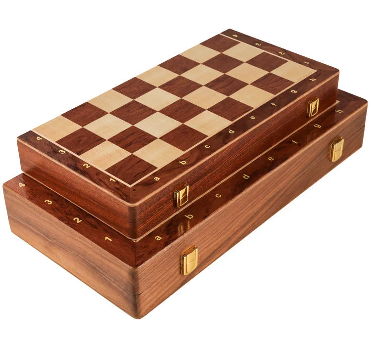 A handcrafted wooden folding chess set with solid walnut pieces and a checkered board.