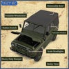 A green 1/12 scale RC rock crawler truck featuring a removable roof, foldable windshield, hidden switch, scale headlights, he