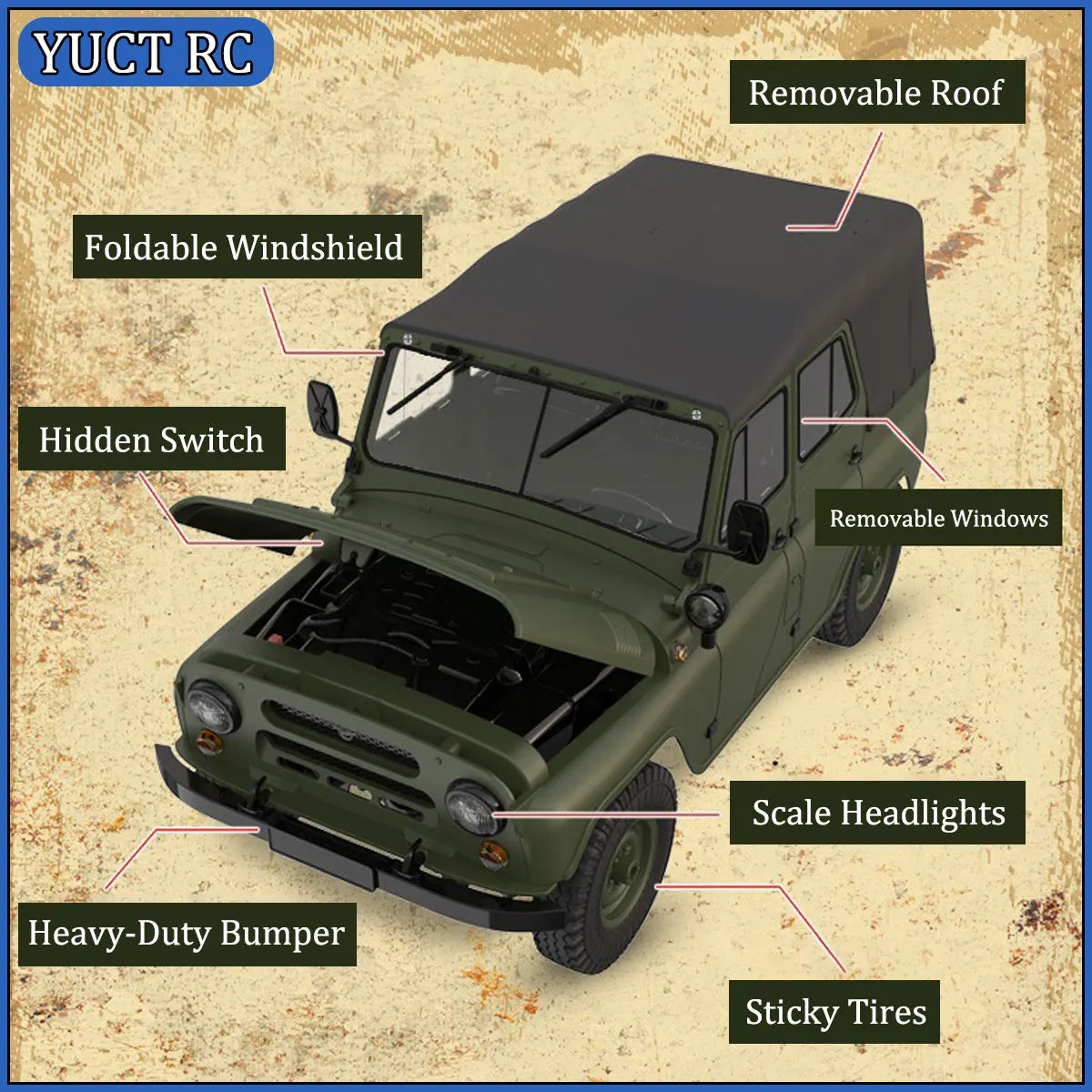 A green 1/12 scale RC rock crawler truck featuring a removable roof, foldable windshield, hidden switch, scale headlights, he