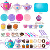 A colorful kids tea party playset featuring a teapot, cups, cookies, and various accessories for children.