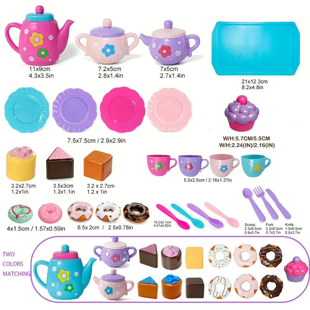 A colorful kids tea party playset featuring a teapot, cups, cookies, and various accessories for children.