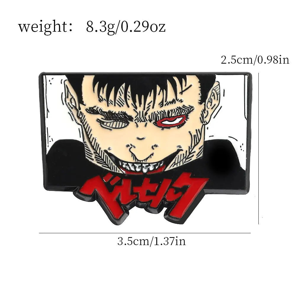A black and white enamel lapel pin featuring a fierce, angry face with red eyes and stylized text.