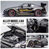 A black Nissan GTR R35 diecast model car with racing decals and detailed interior shots.