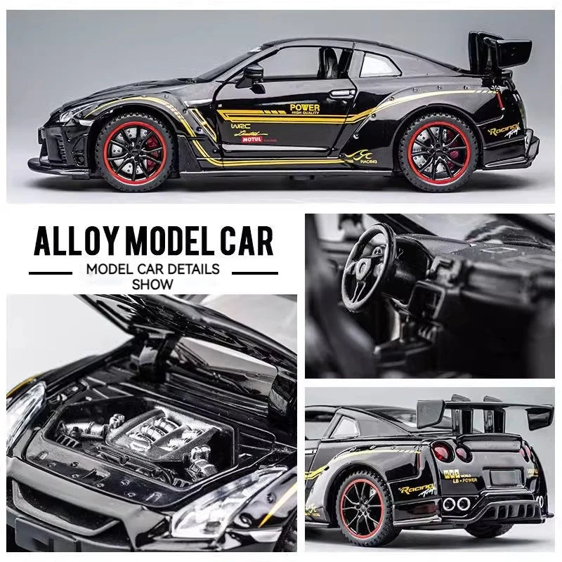 A black Nissan GTR R35 diecast model car with racing decals and detailed interior shots.