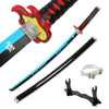 A black and red Demon Slayer anime katana sword with a bamboo design and a separate hilt component.