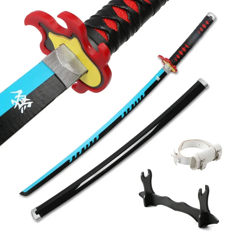 A black and red Demon Slayer anime katana sword with a bamboo design and a separate hilt component.