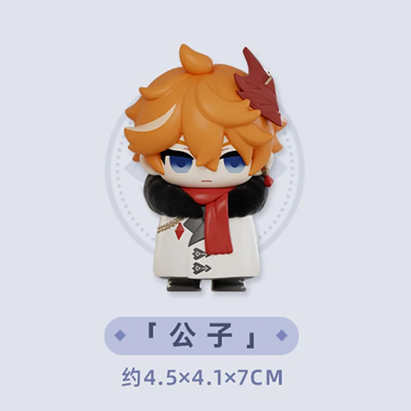 Chibi figurine of a character with orange hair and blue eyes wearing a red scarf