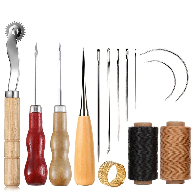 A set of leather sewing and repair kit including waxed thread, needles, and a wooden bobbin.