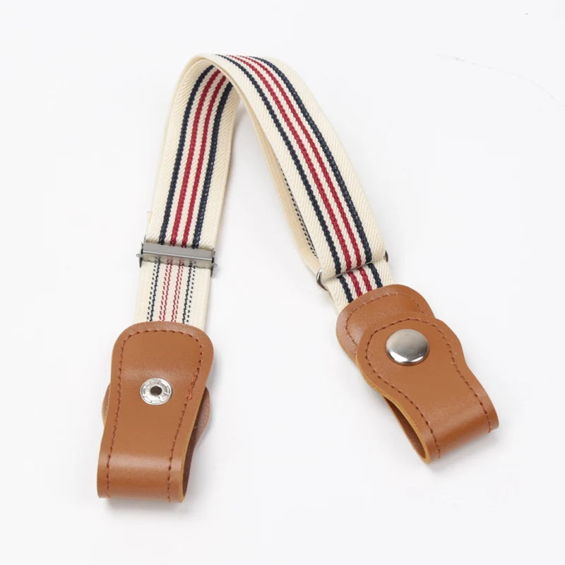A kids canvas belt with elastic stretch featuring vertical stripes in beige, red, and navy.