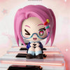 A figure of a character with pink hair and blue accents is displayed on piano keys.