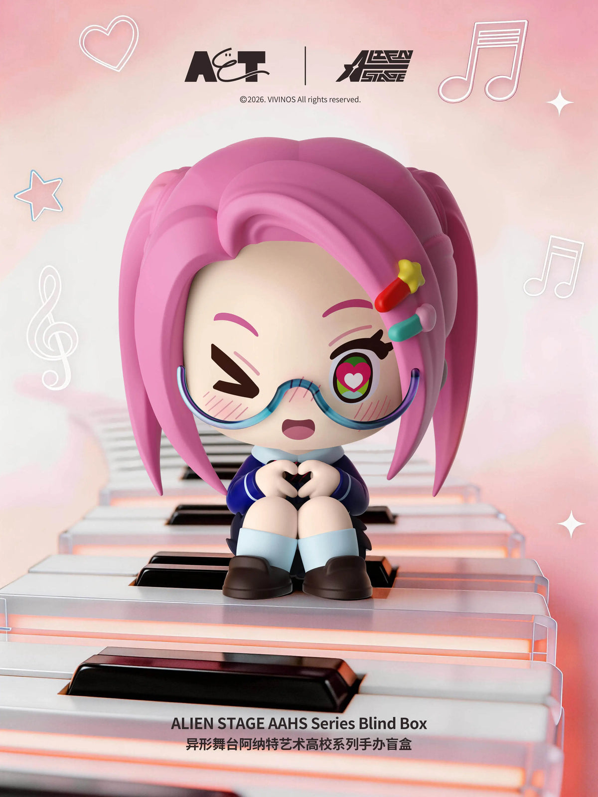 A figure of a character with pink hair and blue accents is displayed on piano keys.