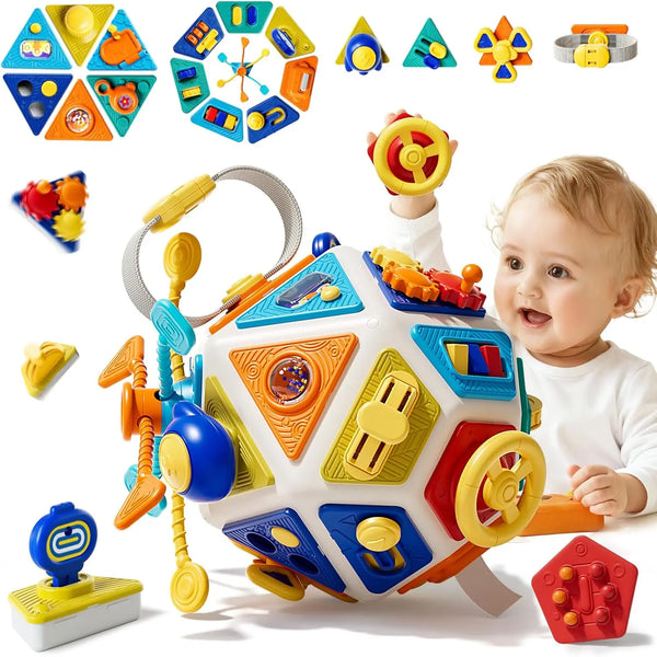A colorful 22-in-1 toddler busy board educational cube set featuring various puzzles and activities for children.