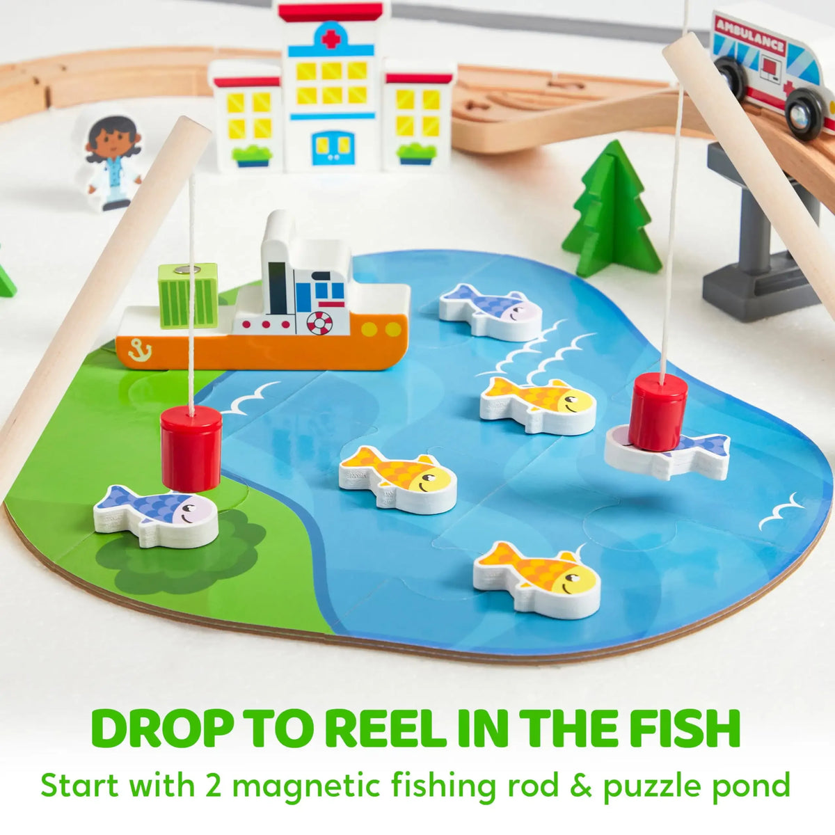 A set of magnetic fishing rods and a puzzle pond for kids to play with