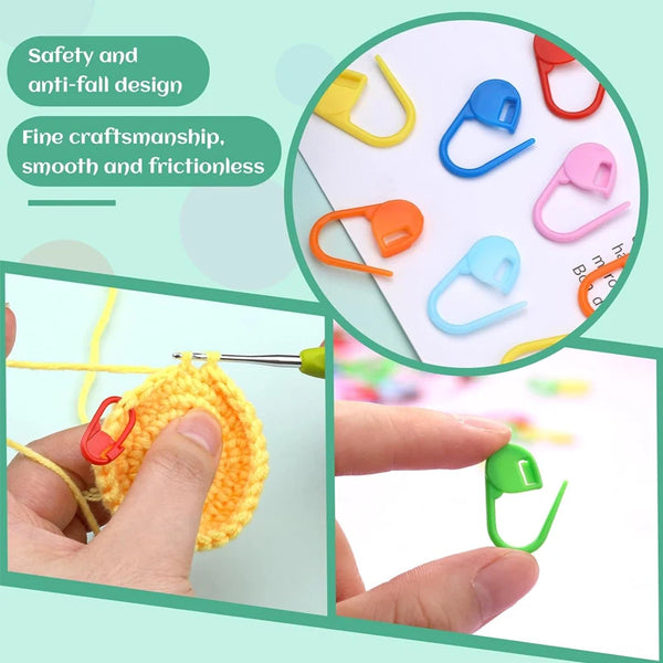 Marcadores de punto de cierre coloridos para tejer y crochet, mostrados en varios colores y detalle de cerca.