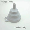 White trumpet shaped silicone funnel with a small opening, measuring 0.9cm and weighing 12g.