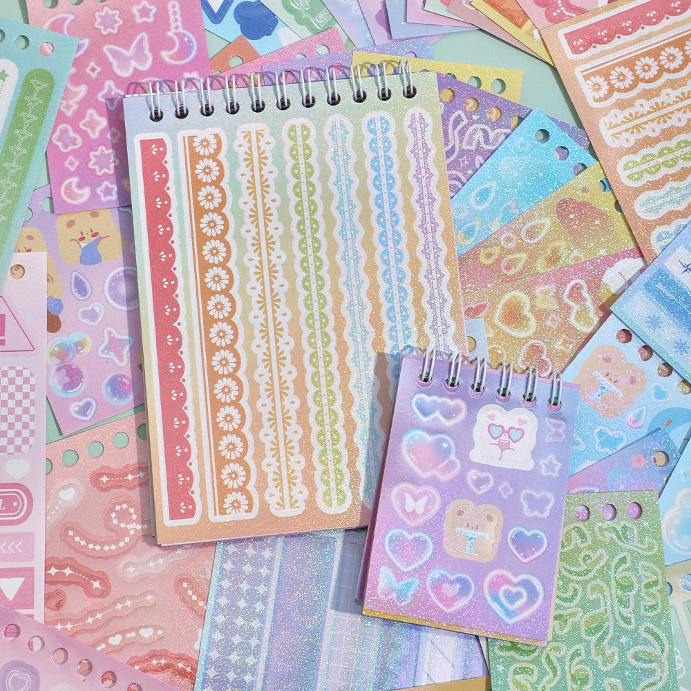 A colorful assortment of fantasy aesthetic sticker book pages and paper designs for journaling and scrapbooking