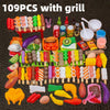 A colorful set of 109 pieces of toy food and accessories with a grill for kids pretend play.