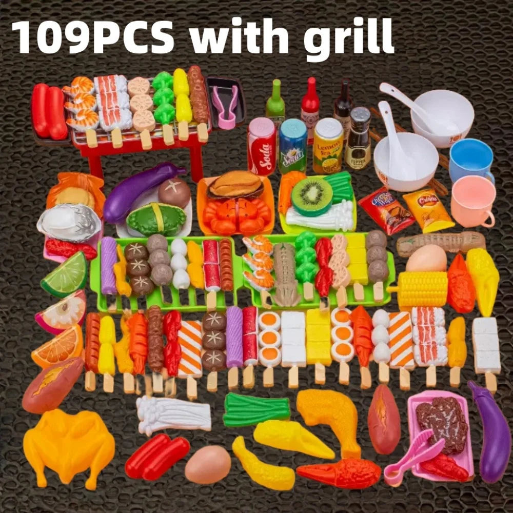 A colorful set of 109 pieces of toy food and accessories with a grill for kids pretend play.