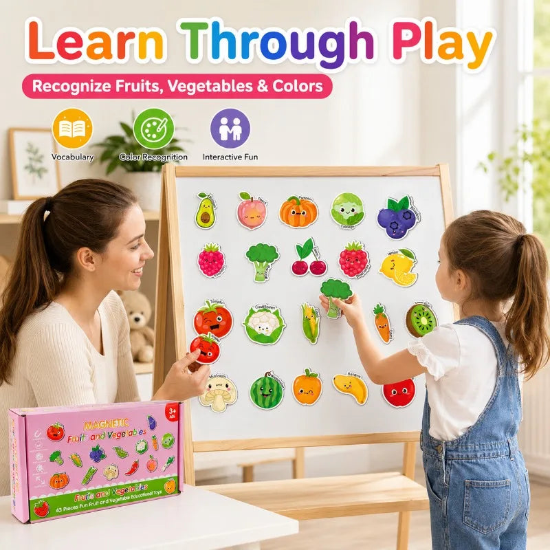 A woman and a child learn through play using a 43-piece magnetic fruits and vegetables learning set.