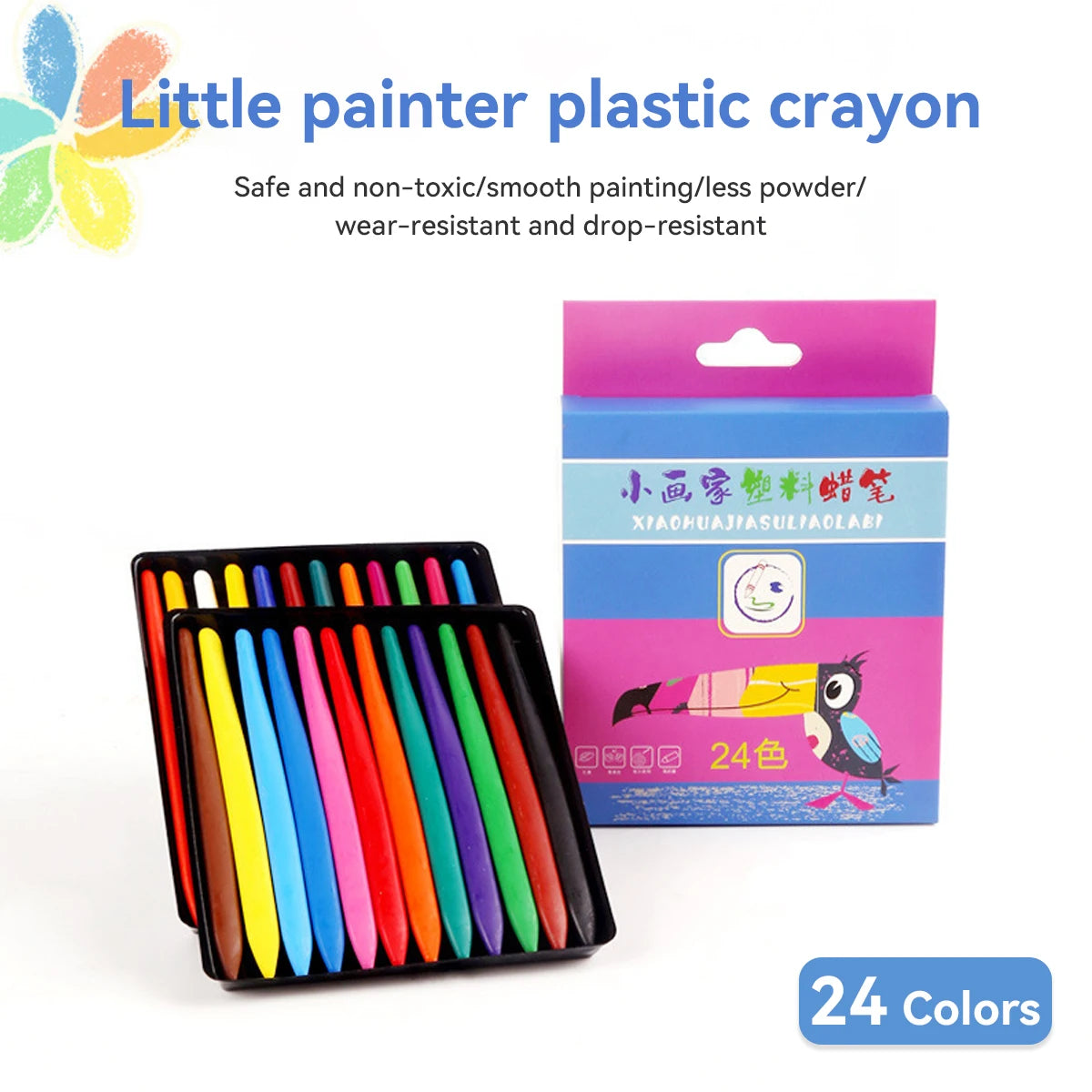 A box of little painter plastic crayons with 24 colors and a set of crayons displayed in a black holder.