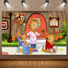 A cartoon tiger character is featured in a party backdrop with other cute animals and decorations for children's events.