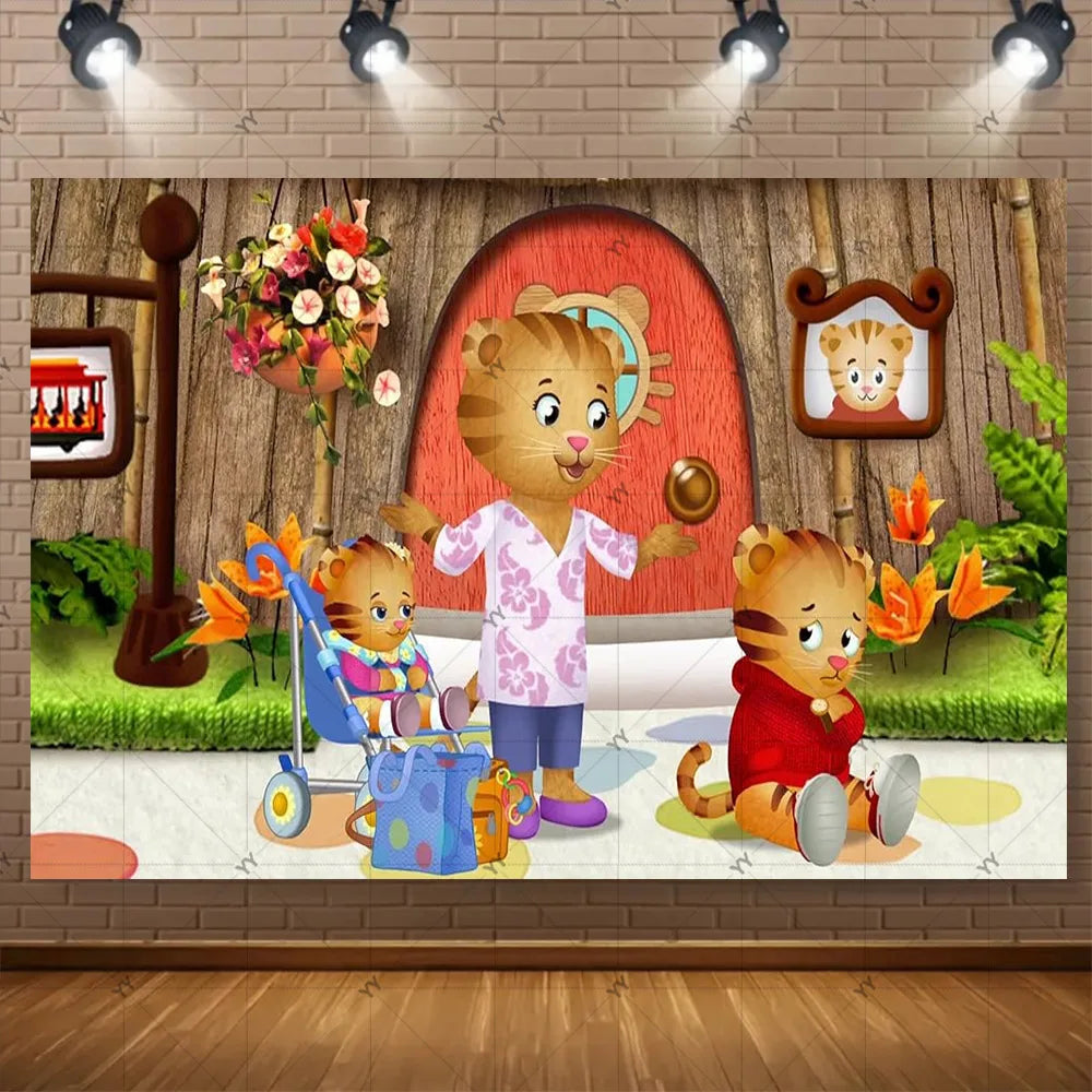 A cartoon tiger character is featured in a party backdrop with other cute animals and decorations for children's events.