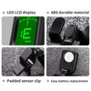 Close-up view of a black clip-on tuner with an LED LCD display, ABS durable material, padded sensor clip, and easy battery re