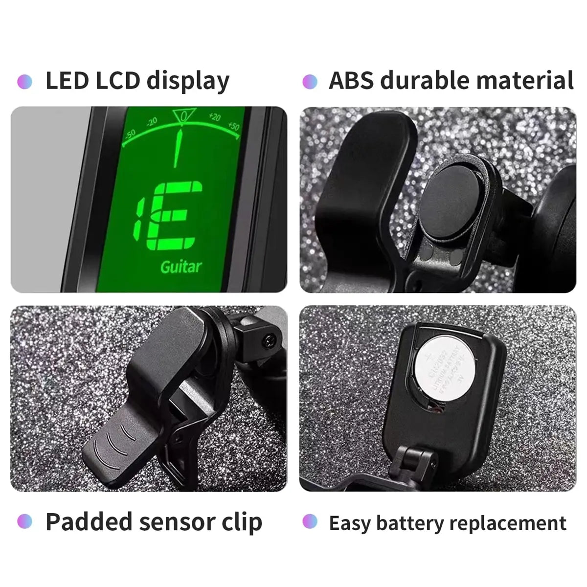 Close-up view of a black clip-on tuner with an LED LCD display, ABS durable material, padded sensor clip, and easy battery re