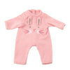 A pink, long-sleeved outfit for a doll featuring a cat face design.