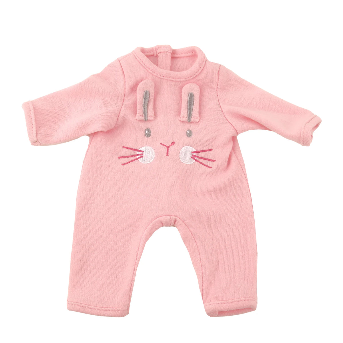 A pink, long-sleeved outfit for a doll featuring a cat face design.